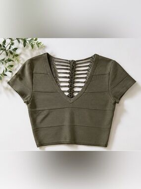Vintage Bebe Y2K Olive Green Seatbelt Bandage Crop Top Crochet Back
Size Small